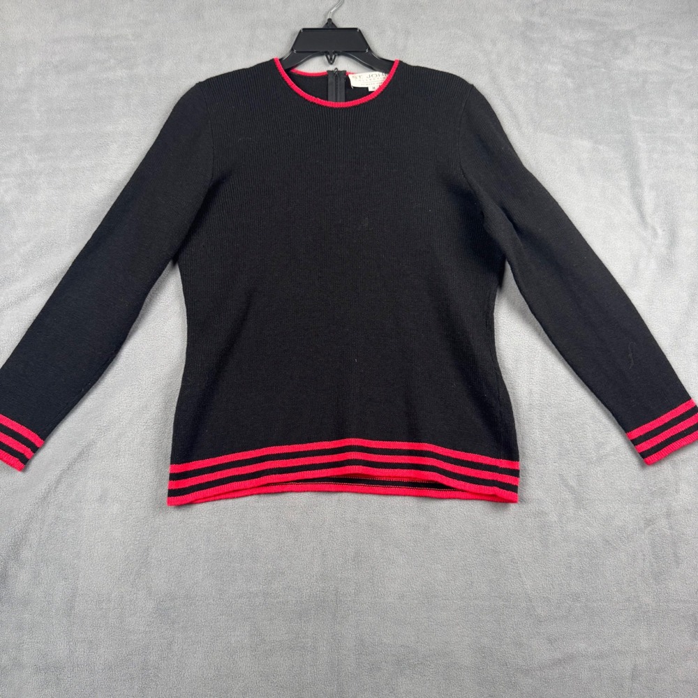 St John Collection Marie Gray Black Red Striped Knit Sweater Back Zip Mens M